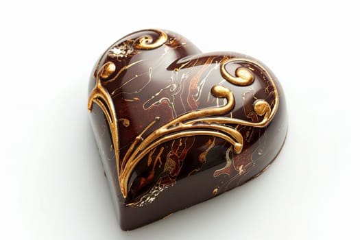 Heart shaped chocolate box with golden decor on white table.