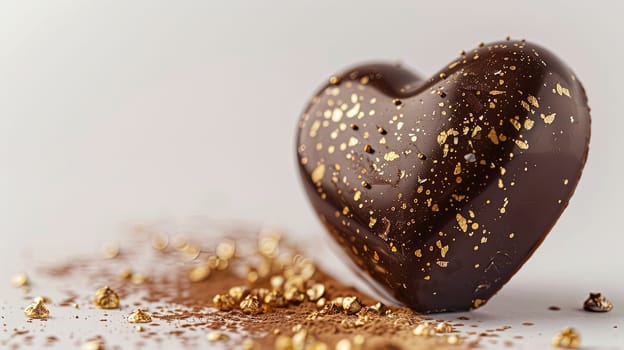 A detailed chocolate heart adorned with golden sprinkles, creating an elegant and romantic appearance on a white background.