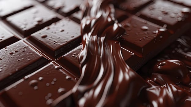 A detailed close-up of a dark chocolate bar with visible break lines and a smooth, even surface on a table.
