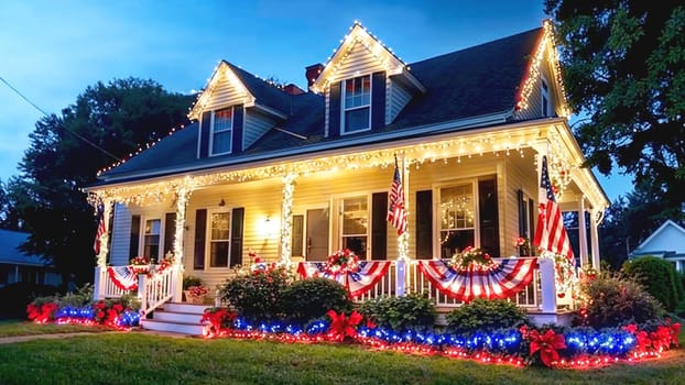 American house adorned for Independence Day, night view