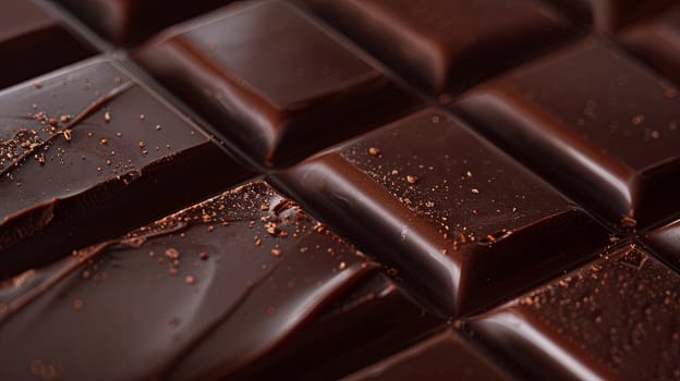Detailed close-up of a smooth dark chocolate bar with visible break lines and an even surface.