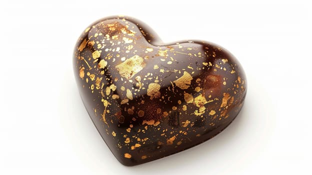 Detailed chocolate heart with elegant gold flakes on white background, creating a romantic and luxurious look.