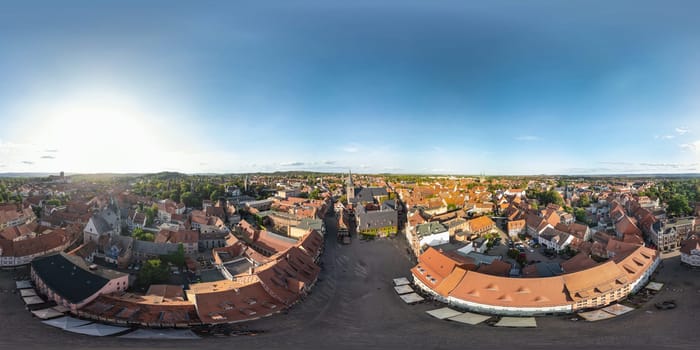 Aerial view of the Quedlinburg town hall, the city and the castle at sunset. Saxony-Anhalt, Germany