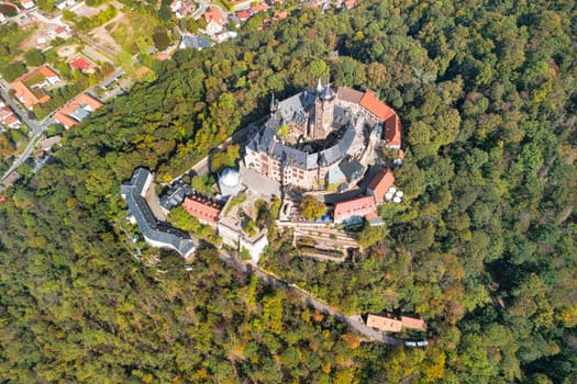 Aerial view of famous Castle Wernigerode, in beautiful golden evening light, Saxony-Anhalt, Germany