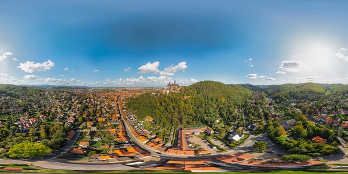 Aerial view of famous Castle Wernigerode, in beautiful golden evening light, Saxony-Anhalt, Germany