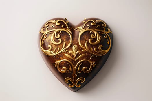 Detailed chocolate heart brooch adorned with elegant gold filigrees on a white background.