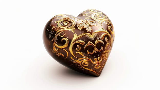 A heart-shaped chocolate box with gold accents placed on a tabletop, showcasing elegance and romance.
