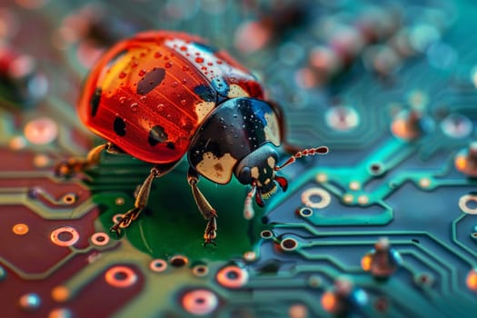 ladybug on circuit board, motherboard have bug. security cyber concept. ai generative.