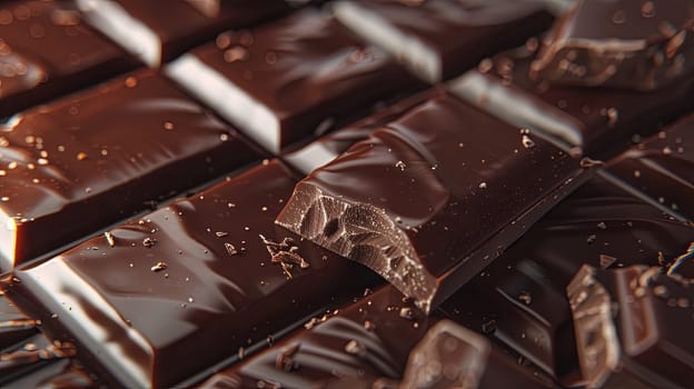 Detailed view of a smooth chocolate bar, showcasing its break lines, dark color, and even surface.