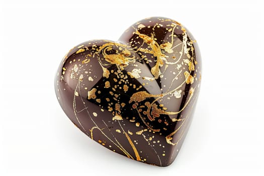 Elegant heart shaped chocolate box with intricate gold designs on a white background.