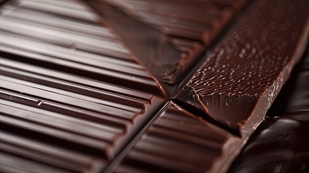 Detailed close-up of a dark chocolate bar showing break lines and smooth, even surface.