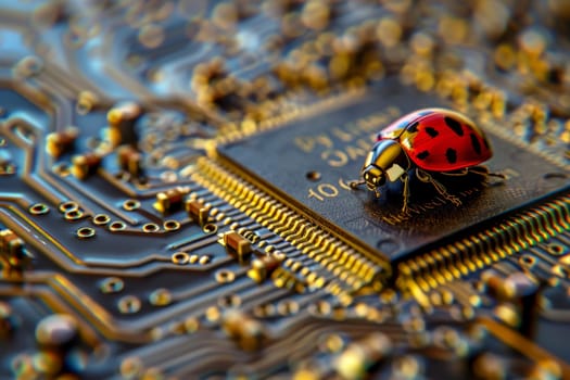 ladybug on circuit board, motherboard have bug. security cyber concept. ai generative.