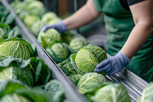 Staff with gloves check cabbage on conveyor in industry. ai generative.