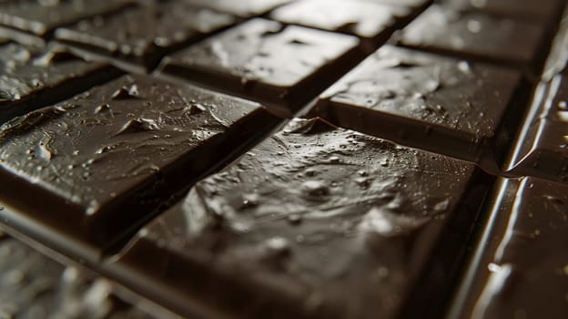 Close-up of a dark chocolate bar with water droplets, showcasing break lines and a smooth, even surface.