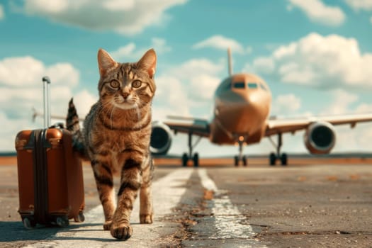 Holiday vacation cat waiting in airport terminal ready to board the aero plane. Generative AI.