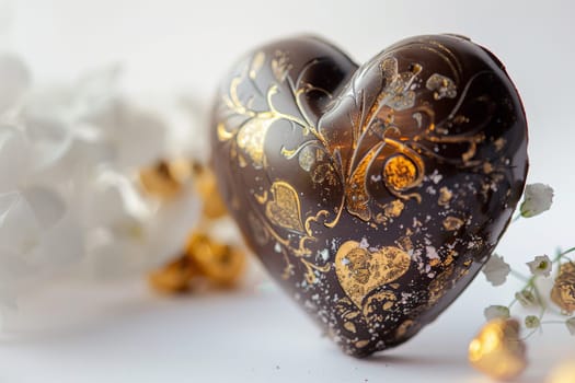 Detailed view of elegant heart-shaped chocolate box with golden accents on white background.