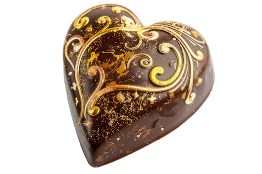 Detailed chocolate heart with delicate gold swirls on a white background, exuding elegance and romance.