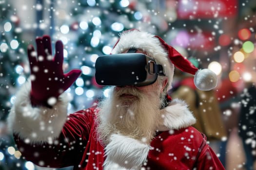 Santa Claus with virtual reality glasses. Generative AI.