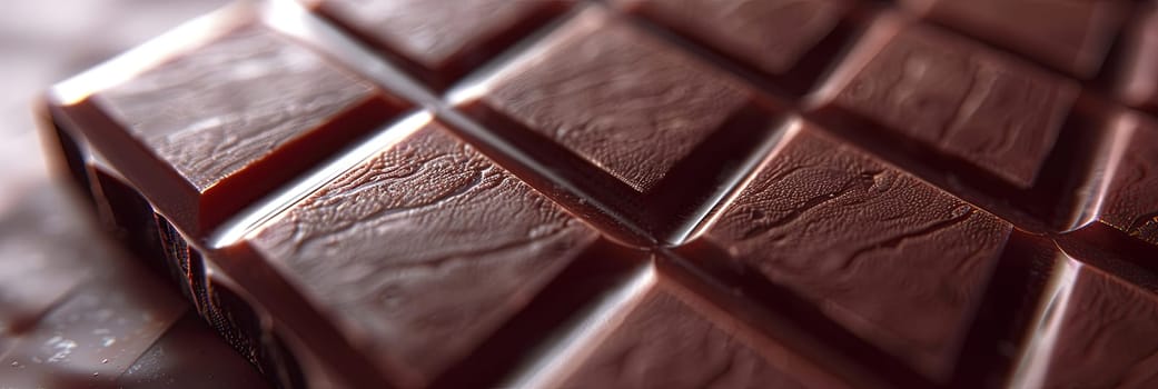 Detailed close-up of a dark chocolate bar showing break lines and even surface.