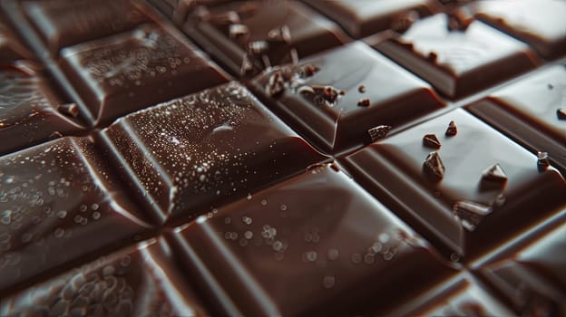 Detailed close-up of a smooth dark chocolate bar with visible break lines and an even surface.