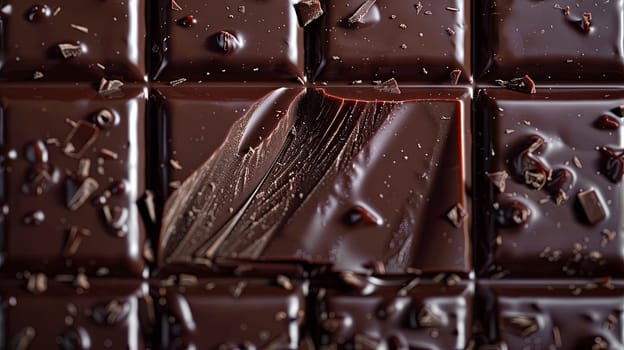 Detailed close-up of a rich dark chocolate bar displaying visible break lines and a perfectly even surface.