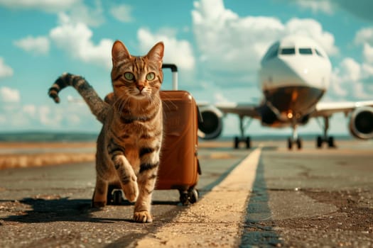 Holiday vacation cat waiting in airport terminal ready to board the aero plane. Generative AI.