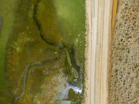 The meander in Antalya Sobucimen plateau. Aerial view of complex waterways weaving  through lush green fields