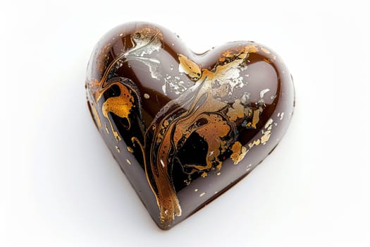 High detail chocolate heart with golden accents on elegant white backdrop.