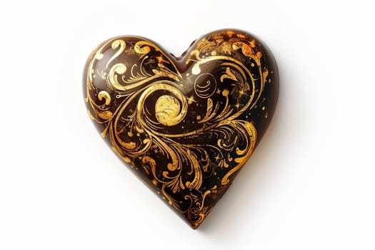 Detailed brown and gold heart-shaped box on a white background, elegant and romantic.