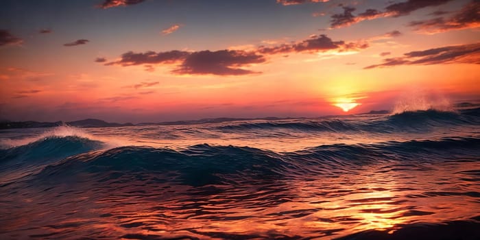 Sunset over the sea, waves on the foreground, panorama