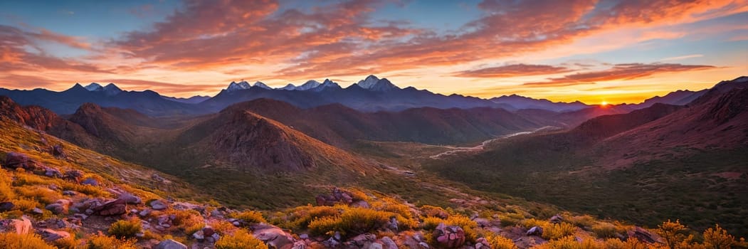 Rugged beauty of a mountain range at golden hour, with the sun setting in the background painting the sky in hues of orange and pink