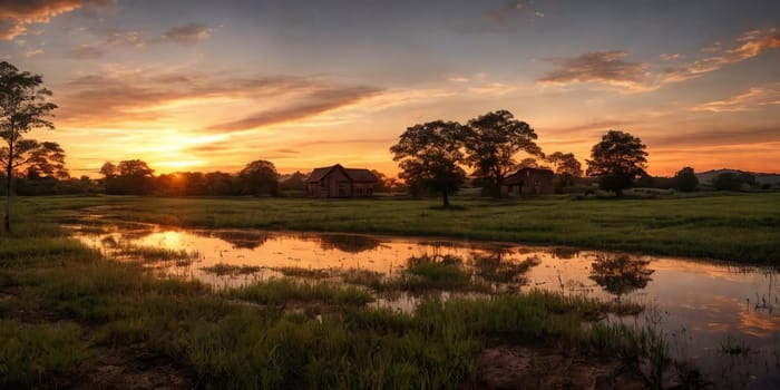 Wooden houses by a lowland river at sunset: Rustic charm tranquil waters reflect the golden sky. Nature's beauty at its finest. Generative AI.