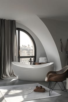 A bathroom with a bathtub, chair, and window, showcasing a mix of comfort, interior design, and natural light. Wood floors and a curtain complete the relaxing ambiance
