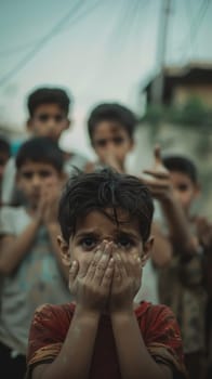 A child with haunting eyes covers his mouth in silence among a crowd, conveying a powerful message of fear and the need for protection