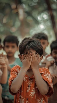 A young boy covers his face with his hands, playing a game among his peers. The innocence of childhood games is captured in this vibrant moment