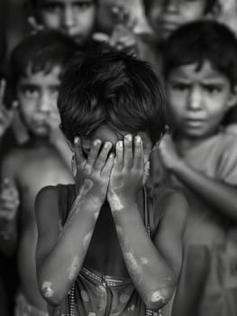 In a timeless black and white portrayal, a child covers his eyes, surrounded by his expectant friends. The monochrome adds a classic feel to the playful scene