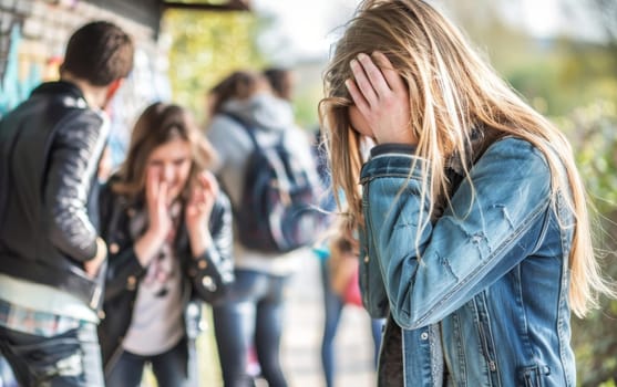 In a blur of activity, a girl stands isolated, overwhelmed by emotion while her peers engage in hushed conversations behind her. The stark contrast between her solitude and the group's oblivion