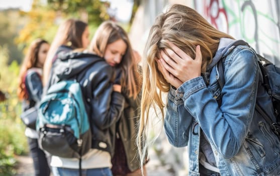 A teenager shields her eyes, succumbing to sorrow on a sunny day while others pass by in a daze, highlighting the solitude one can feel even in a crowd. The inner turmoil