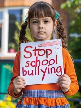 A schoolgirl with a solemn look presents a handmade 'Stop school bullying' sign, symbolizing a call to action. Her stance speaks of a personal stand against injustice