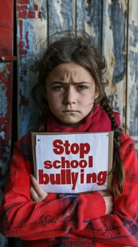 A pensive child clutches a 'Stop school bullying' sign against a rustic backdrop, her eyes conveying a depth of emotion about the cause