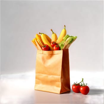 Eco friendly paper bag brimming with natural unprocessed foods with items tumbling out Food. Food isolated on transparent background.