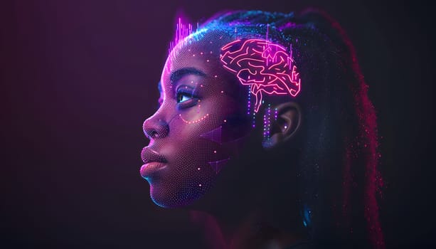 An artist with a glowing brain on her head is set to bring a vibrant performance to an electric blue and magentathemed event. This unique performance art combines music and entertainment
