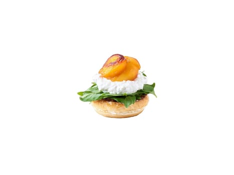 Slider with caramelized peaches mini burger with caramelized peaches goat cheese and arugula. Food isolated on transparent background.