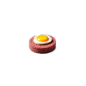 Beef tartare with raw ground beef egg yolk floating and spinning Food and culinary concept. Food isolated on transparent background.