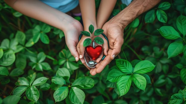 Two individuals standing closely together, each holding a red heart in their hands. The two hands gently cradle the heart, symbolizing love, connection, and affection between the pair.