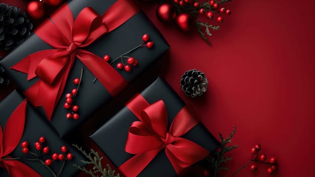 A Christmas present is elegantly wrapped in black and red ribbon, a perfect gift for the holiday season. The contrasting colors create a striking visual impact.