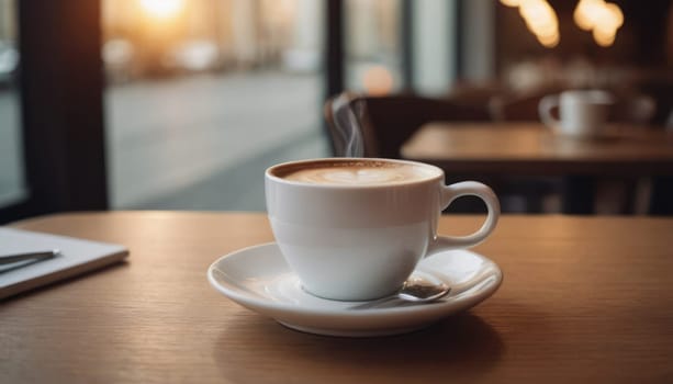 Cafe hot cup of coffee on a saucer on a dark background, casting a thin shadow. Bokeh in the background