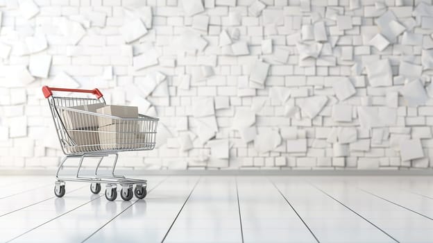 A shopping cart is placed in front of a white brick wall, with two empty boxes sitting in front of it. This scene portrays a shopping-related concept, possibly related to sales events like Black Friday.