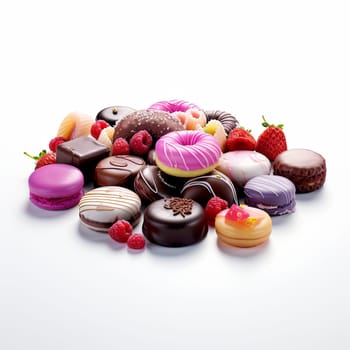 Composition with Donuts, Macaroons, Berries, Maffins and Sweets on White Background.