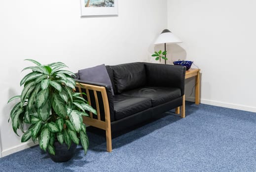 Hotel interior with black leather sofa in the hall. Scandinavian interior style